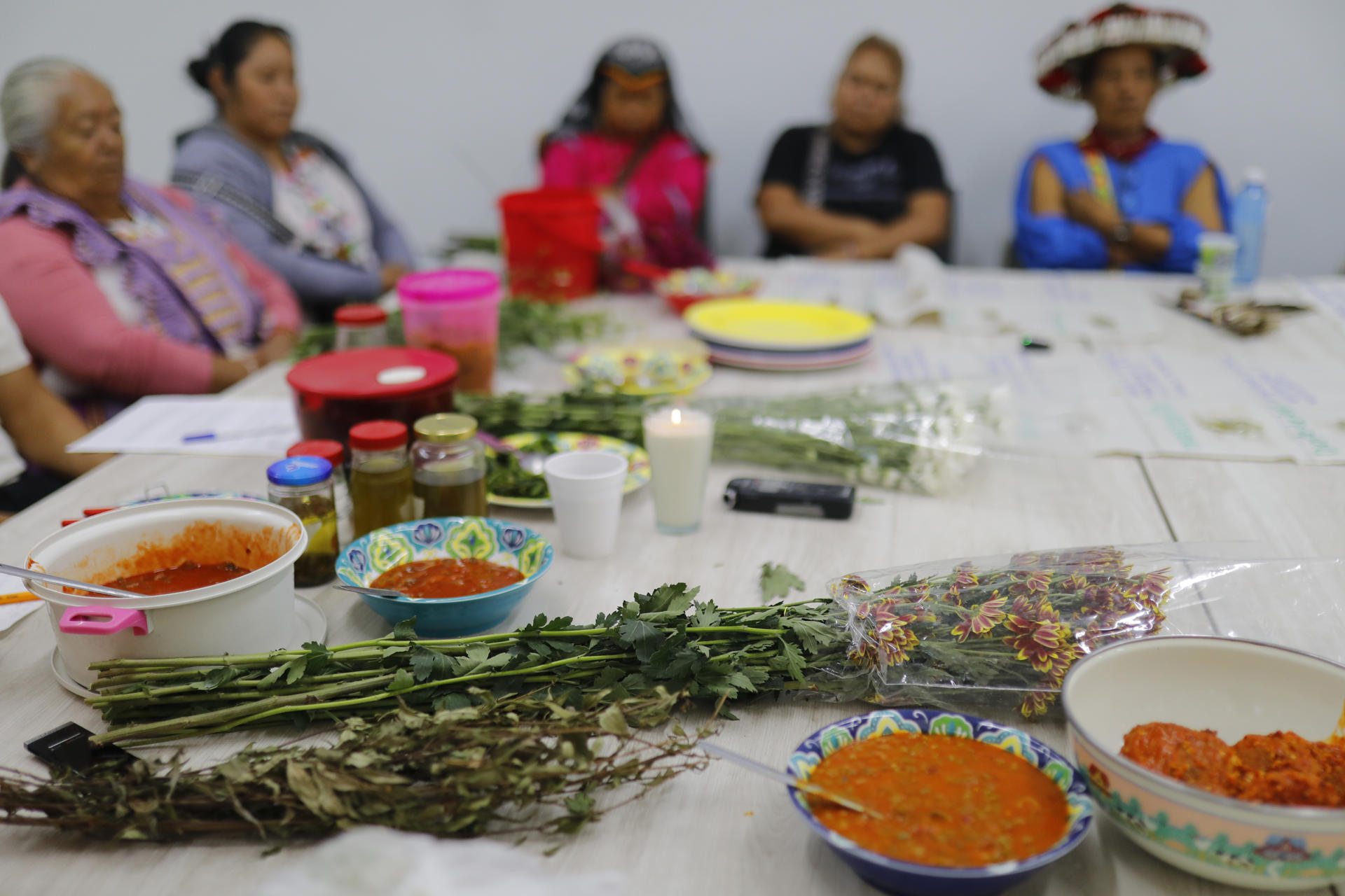 MEX6328. GUADALAJARA (MÉXICO), 22/10/2025.- Indígenas participan en un taller para fomentar la alimentación y la medicina tradicional este miércoles, en Guadalajara (México). Mujeres de comunidades indígenas en México apuestan por la alimentación y la medicina tradicional como una alternativa a la prevalencia de las enfermedades crónico-degenerativas. EFE/ Francisco Guasco