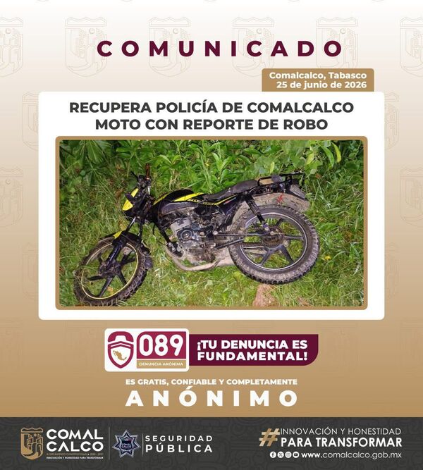 Recuperan motocicleta con reporte de robo en Comalcalco