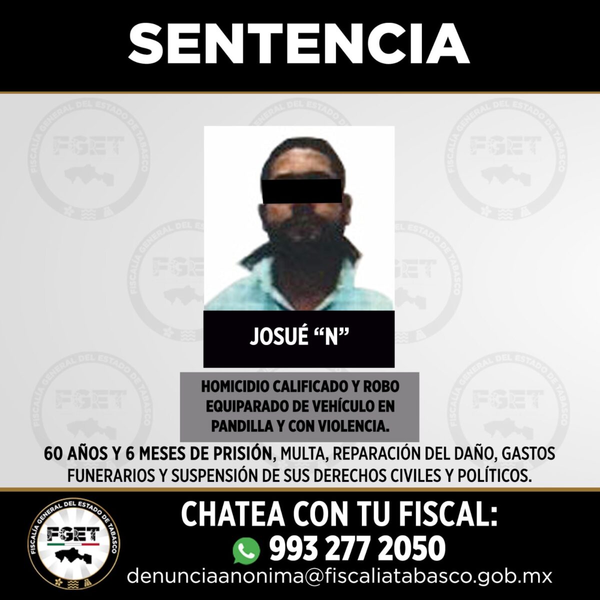 Sentencian a más de 64 años de prisión a responsable de triple homicidio en Tabasco